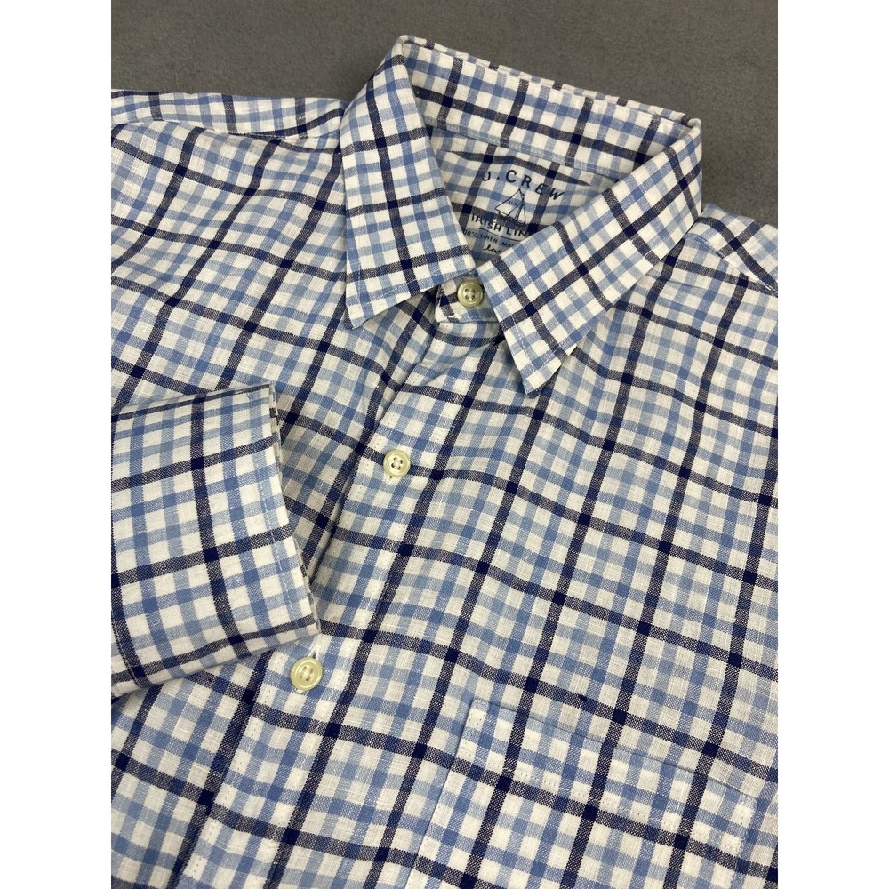 J Crew‎ Shirt Mens Large Blue Plaid Irish Linen Button Long Sleeve Casual Preppy